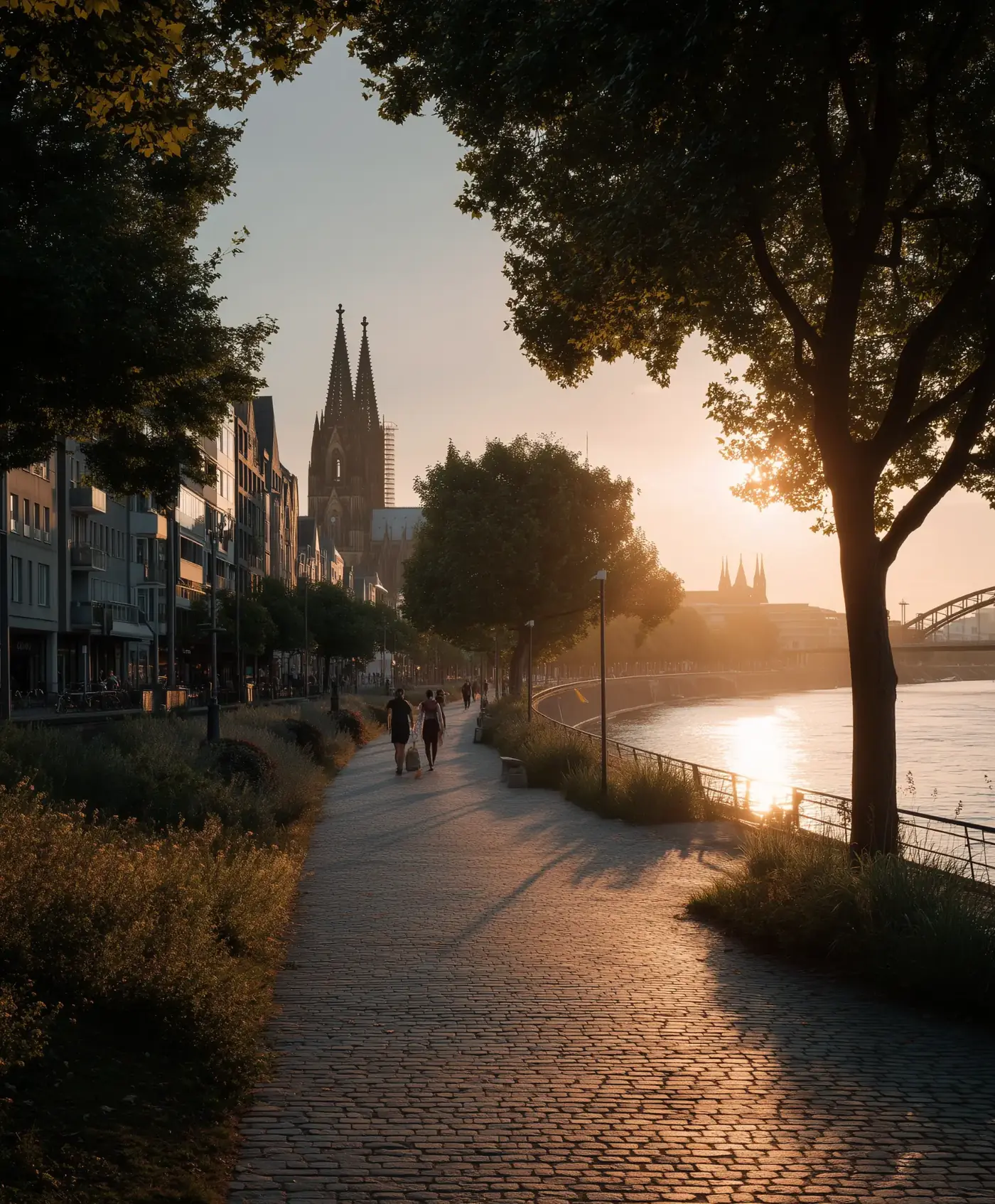 Rheinufer in Köln am Abend mit Blick auf den Kölner Dom.